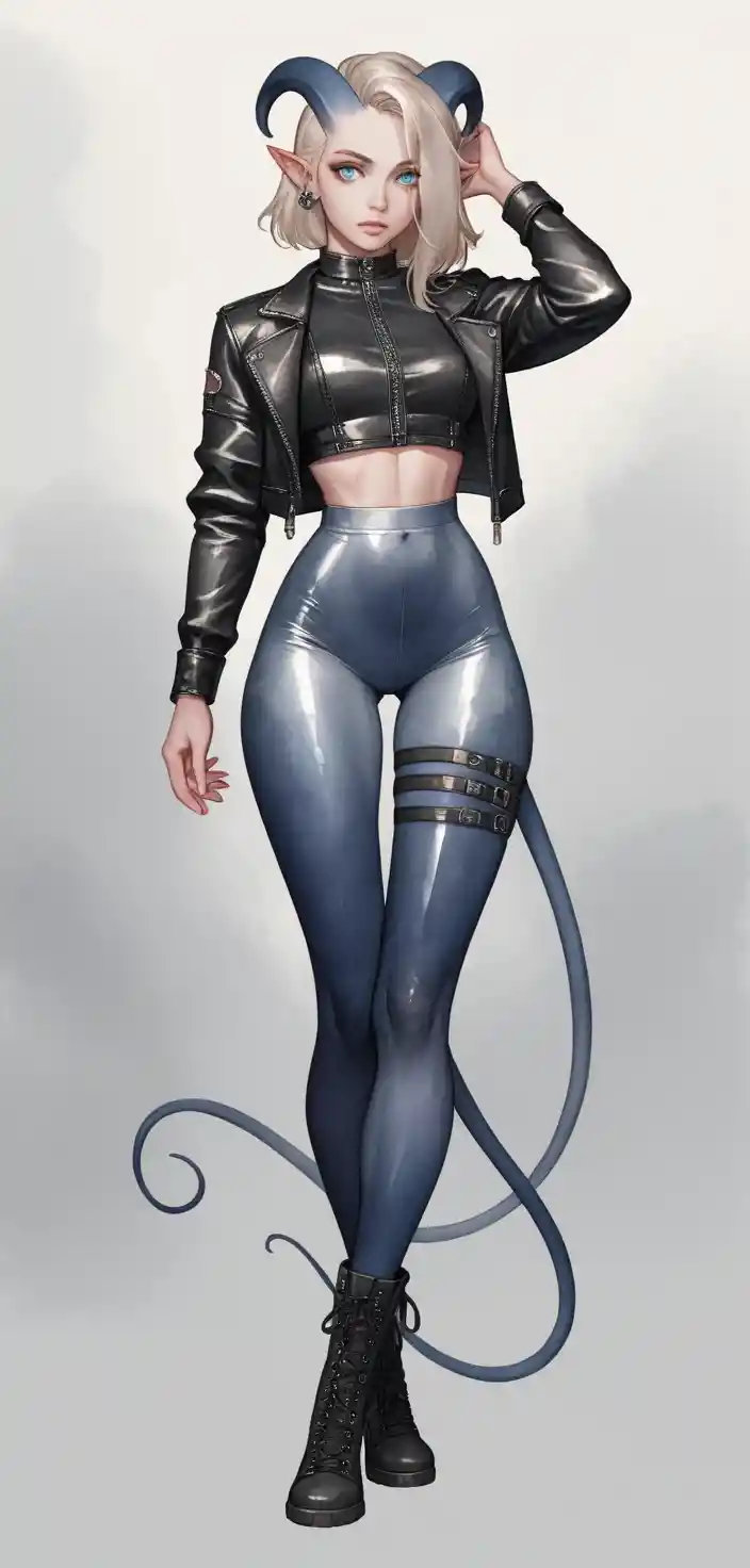 Platinum blonde tiefling fashion woman in leather and leggings