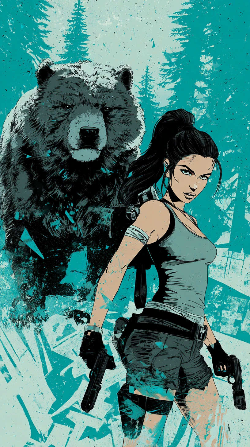 Rebellious woman and grizzly bear in misty forest illustration