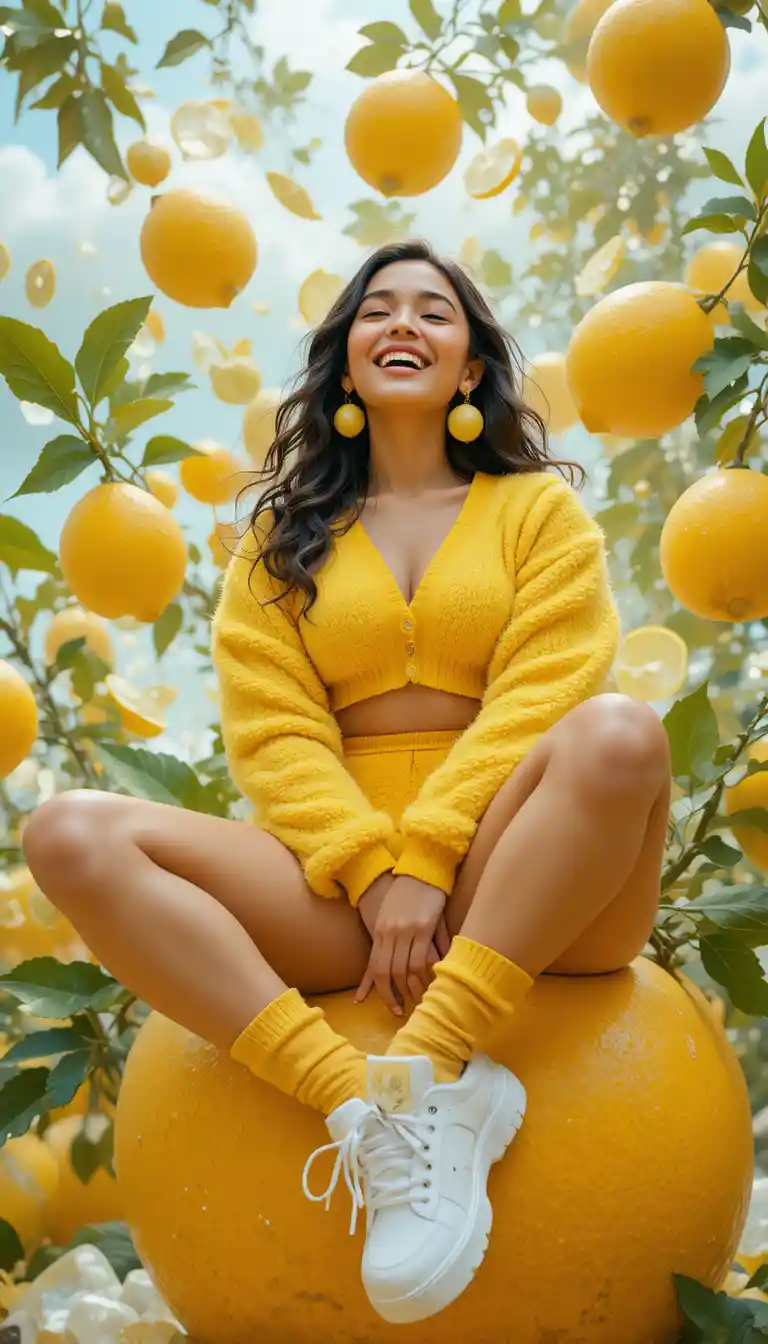 Joyful young woman laughing on a surreal lemon tree