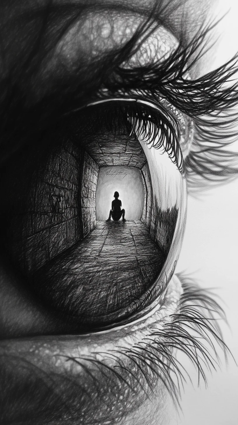 Surreal close up eye with a tiny room inside the pupil