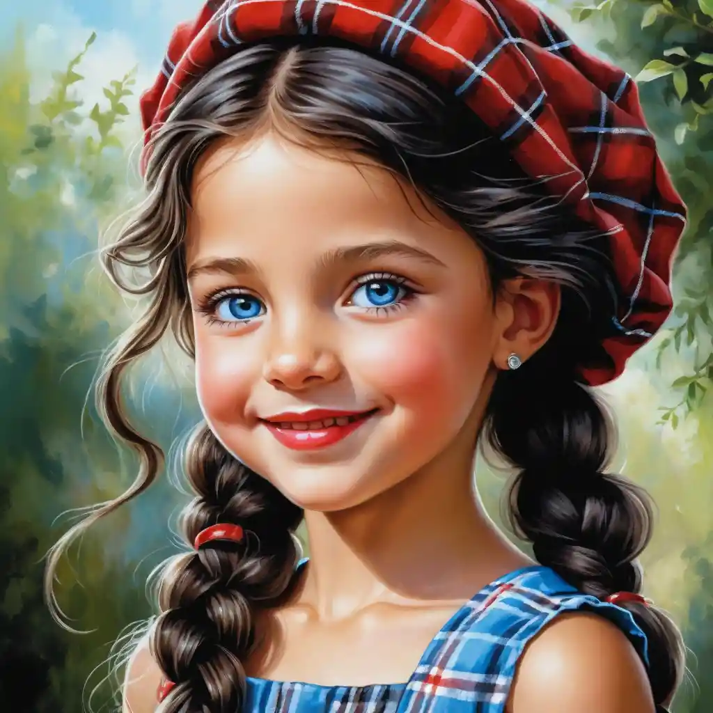 Smiling girl in plaid beret with long curly black hair