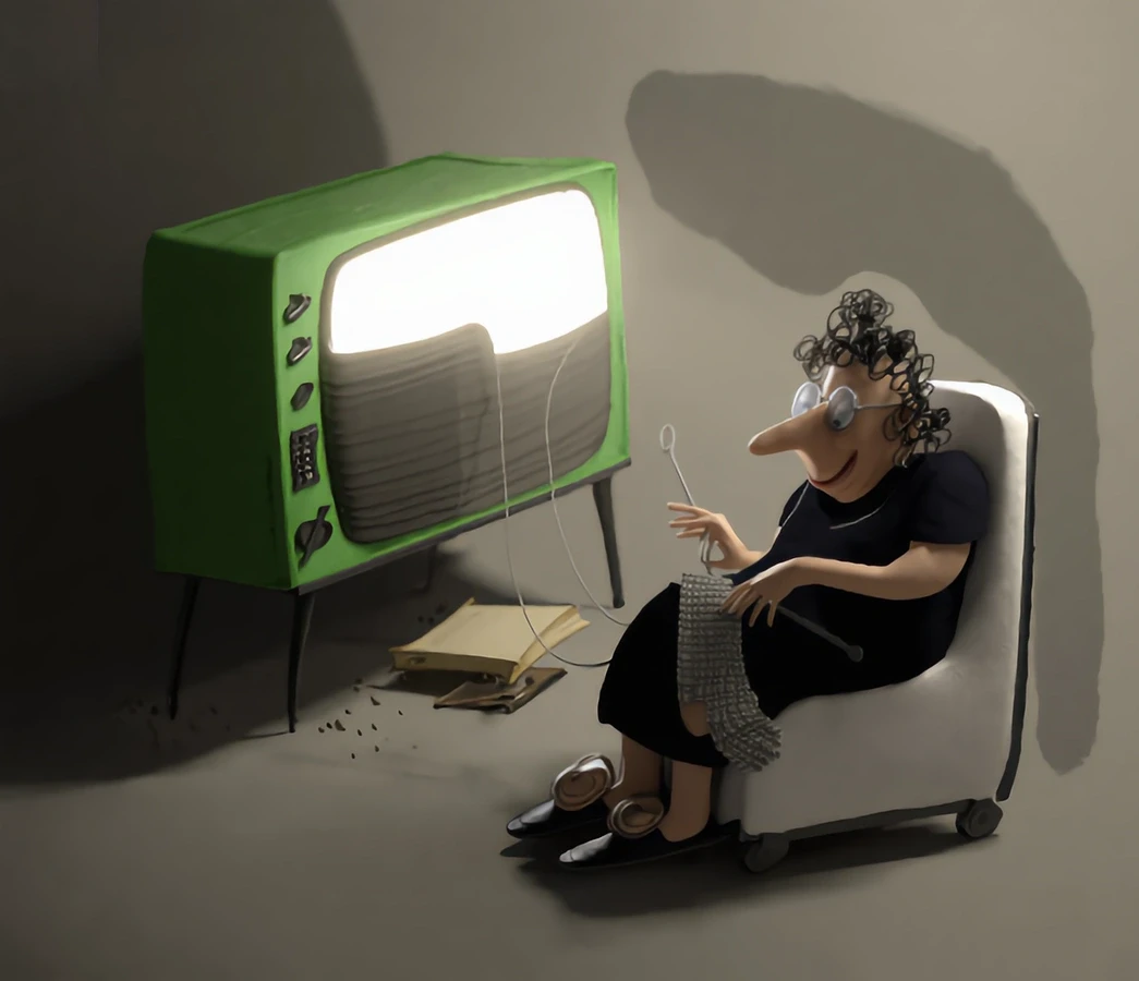 Elderly Woman Knitting Beside Glowing Green Television