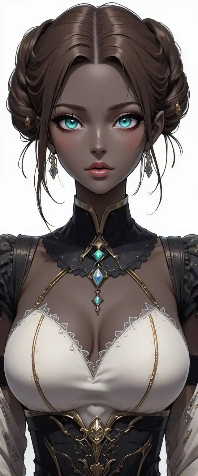 Dark skinned anime sorceress with turquoise eyes and buns