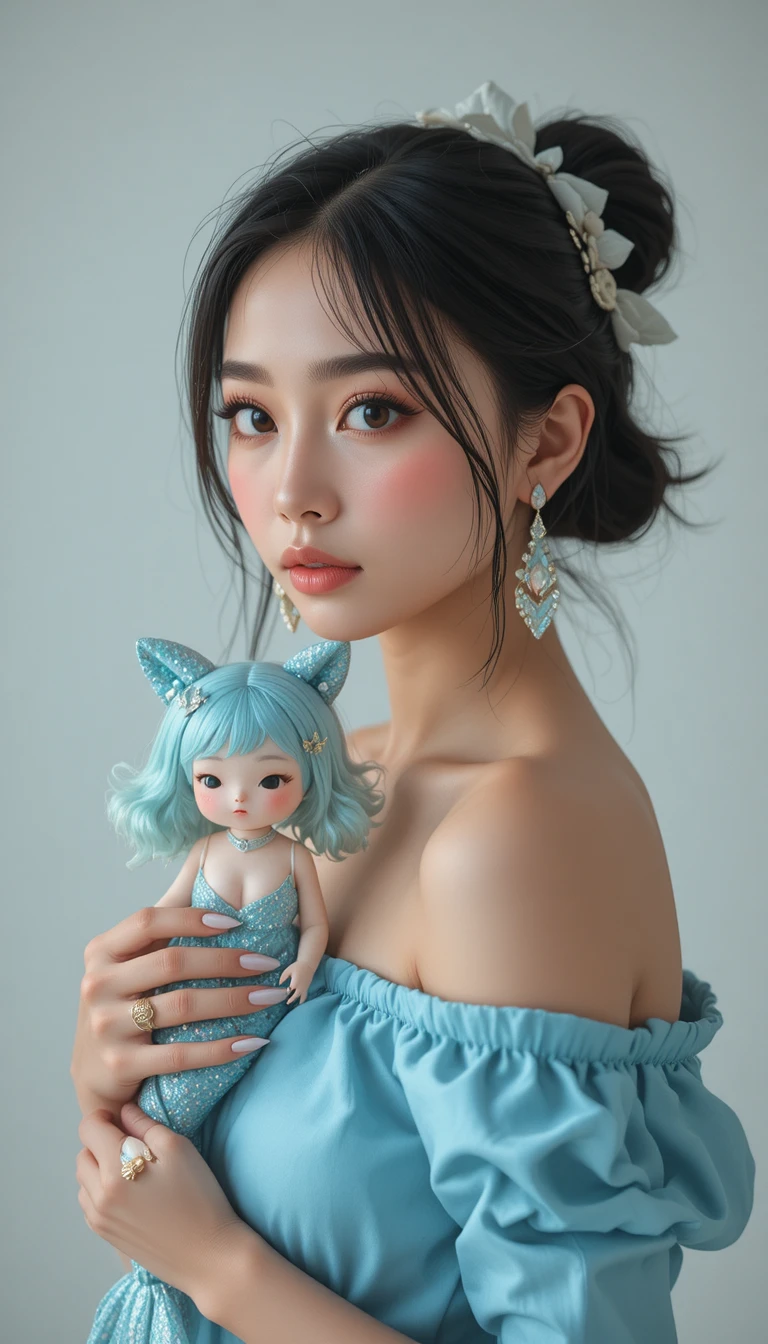 Close up woman holding matching mermaid doll portrait