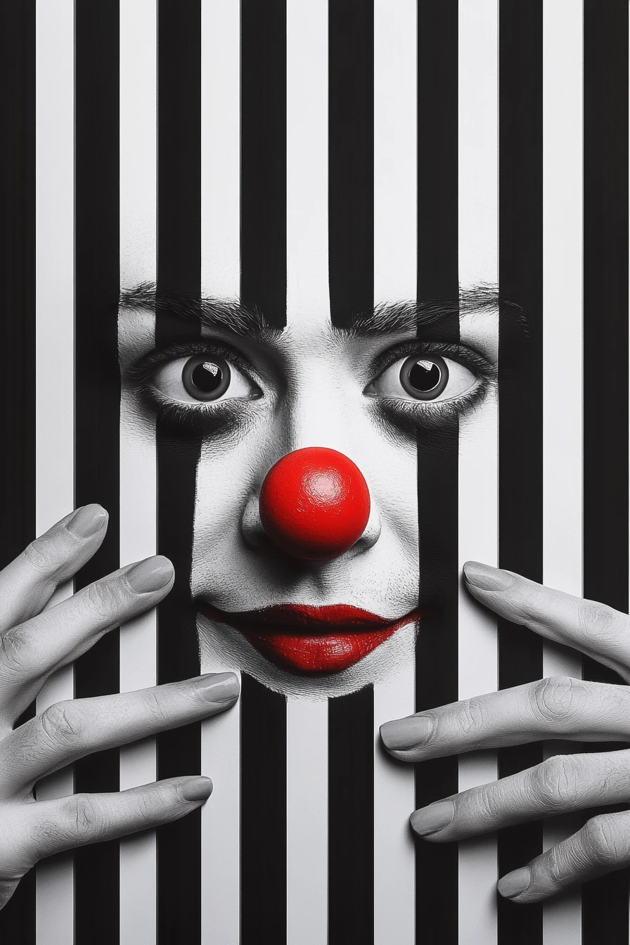 Surreal clown portrait behind bold black and white stripes