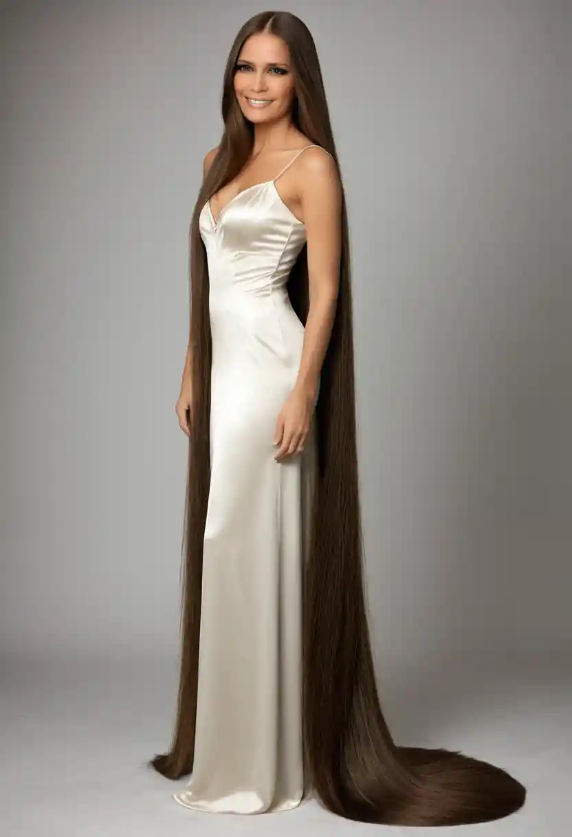 Smiling woman with extremely long silky hair in profile