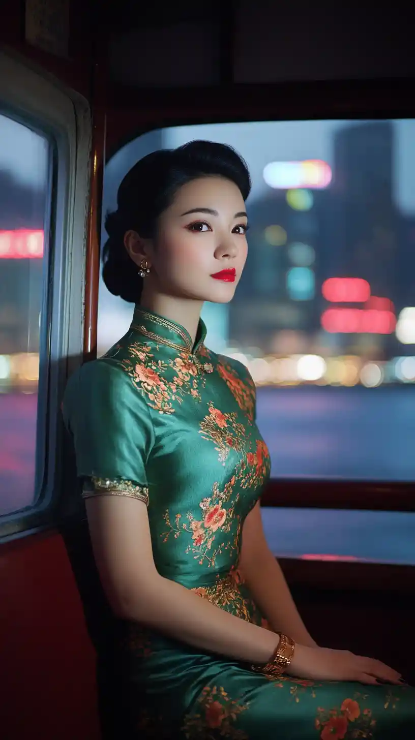 Elegant woman on Hong Kong ferry at night
