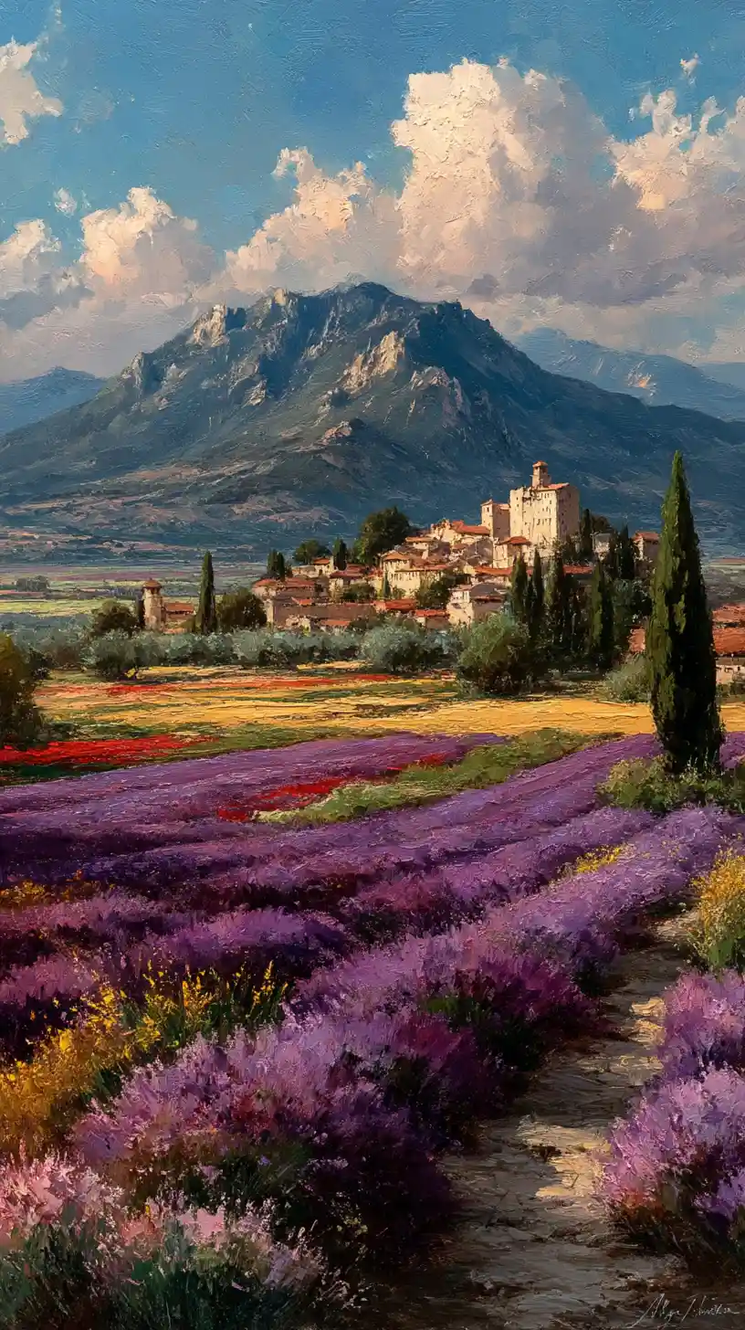 Campi di lavanda all’ora d’oro nella campagna mediterranea