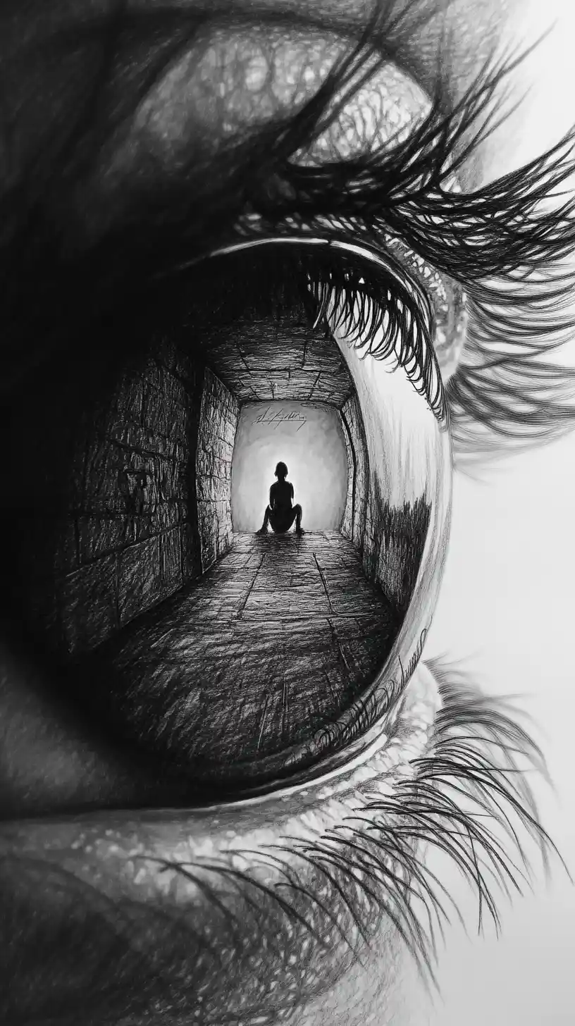 Surreal close up eye with a tiny room inside the pupil