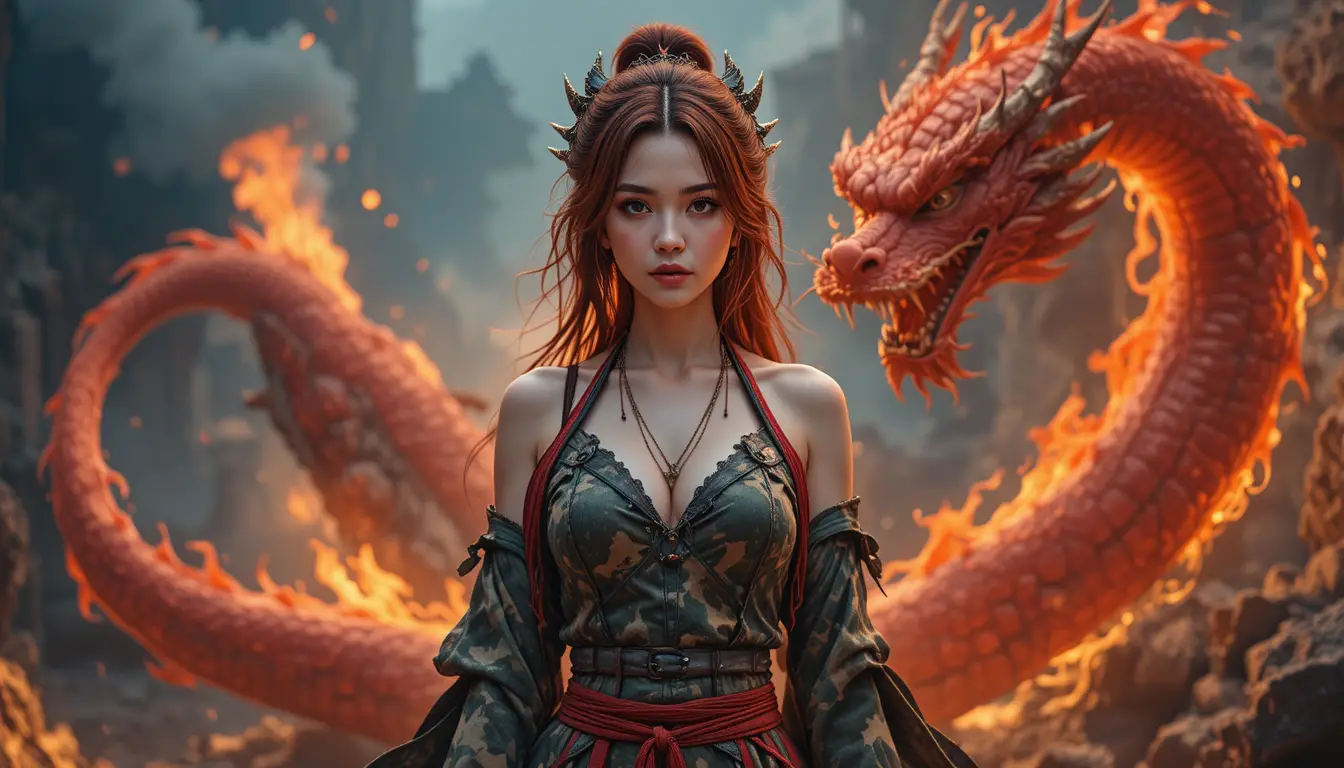 Asian woman with red hair and fire breathing dragon