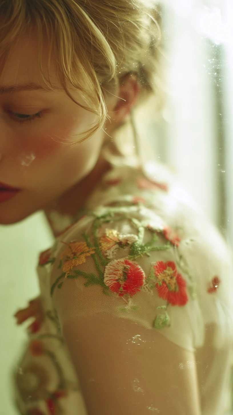 Autorretrato en enfoque suave de mujer rubia con vestido floral