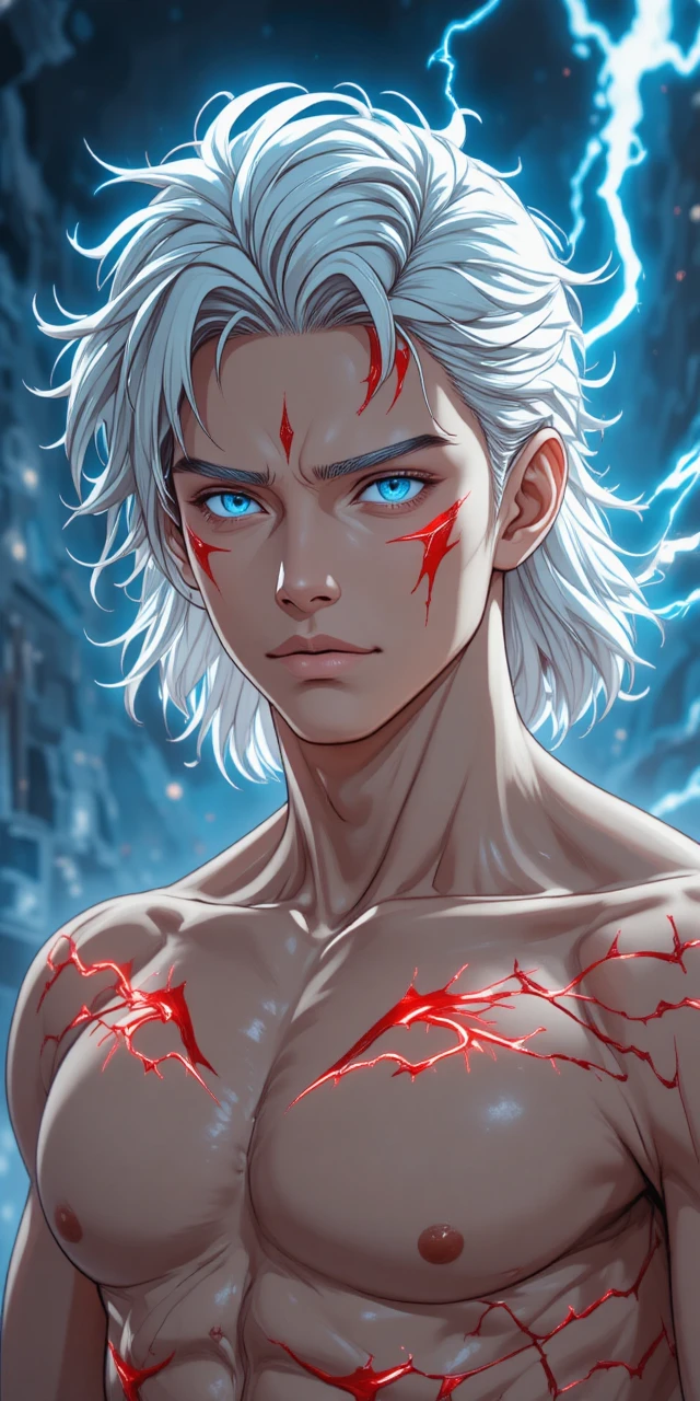 Anime fantasy warrior man with glowing wings and markings