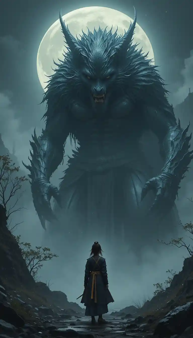 Samurai girl beside gigantic fox demon under the moon