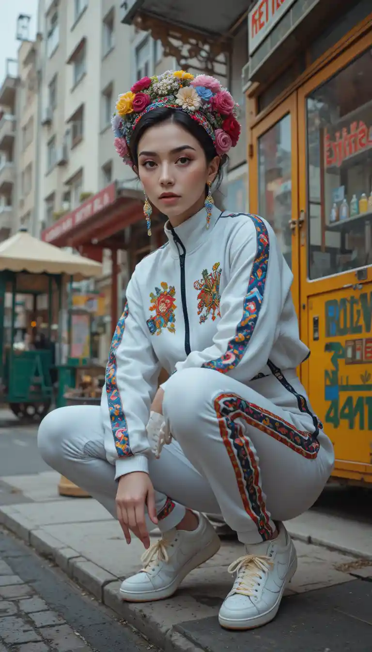 Post Soviet inspired fashion woman in urban street portrait