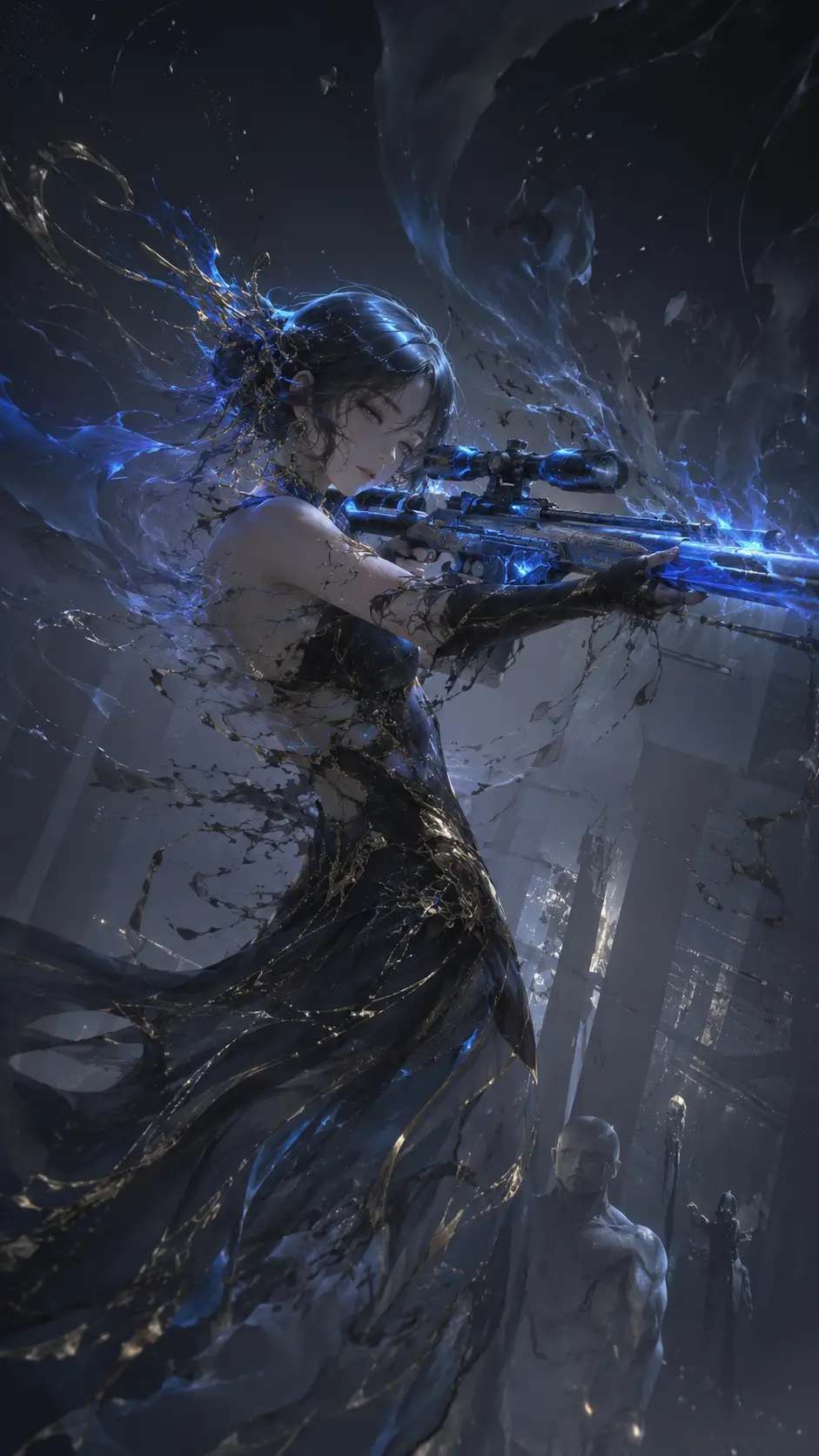 Ethereal woman aiming a glowing blue sniper rifle