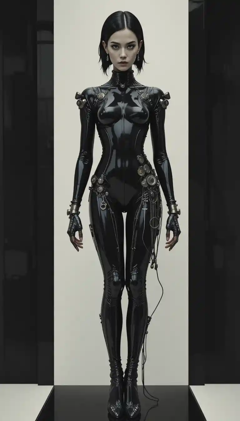 Surreal vintage pin up cyborg woman with geometric backdrop