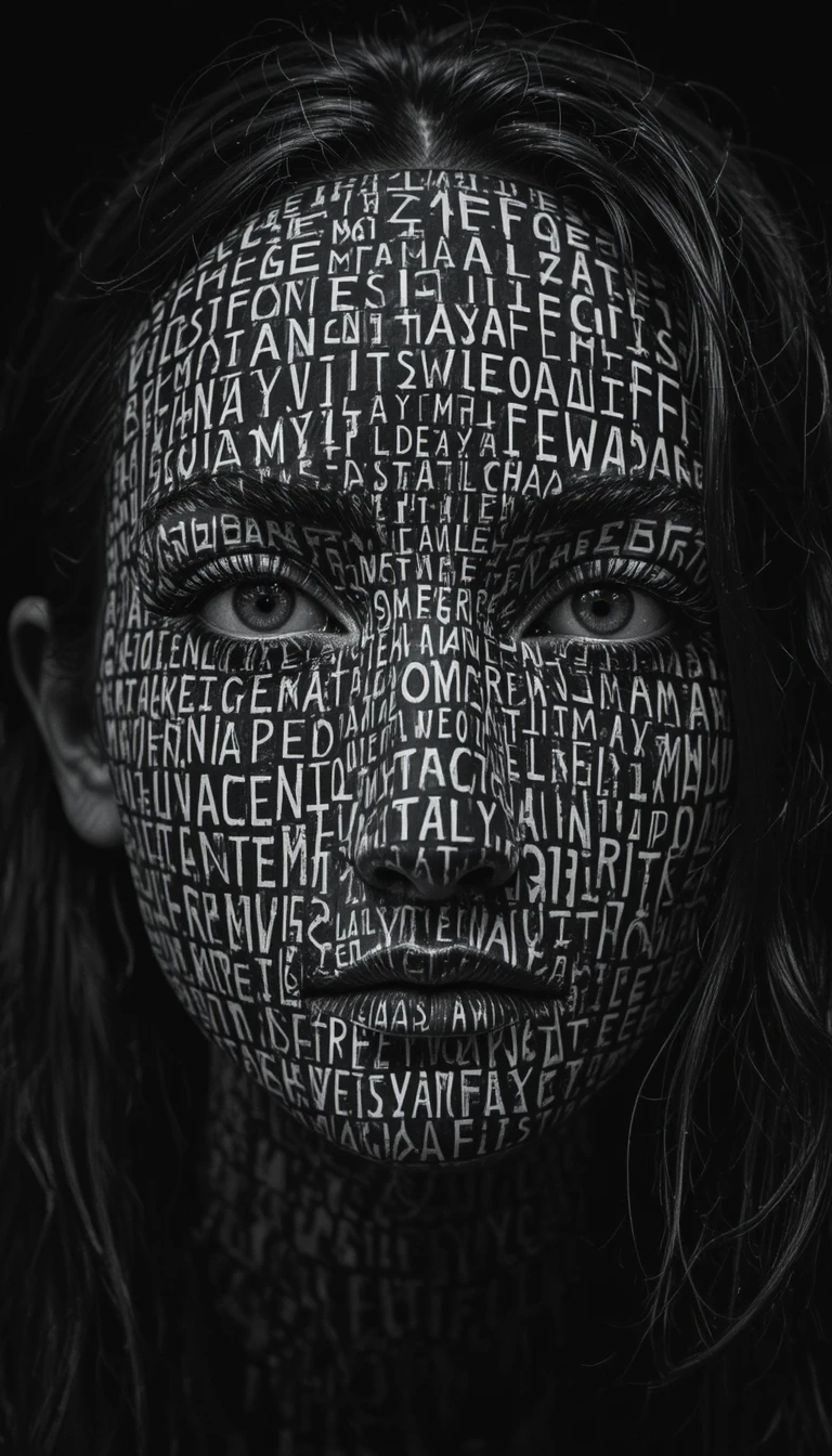 High contrast ascii portrait of a woman obscured by text