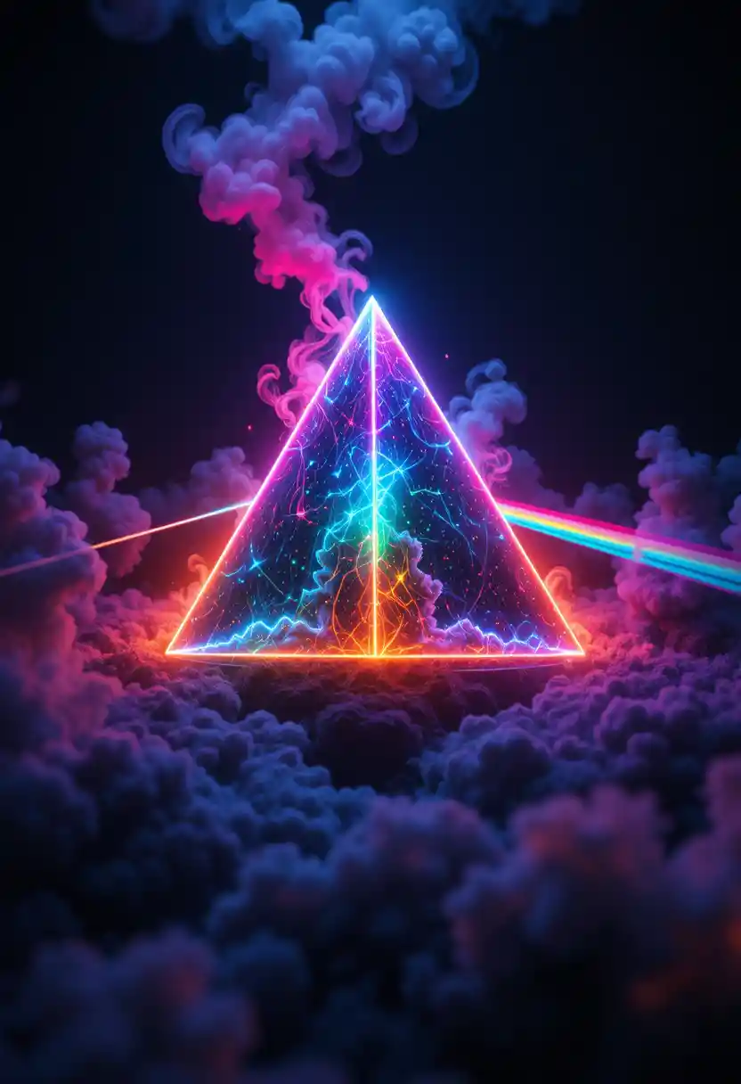 Neon 3D Pyramid Glowing In A Dark Cosmic Dreamscape