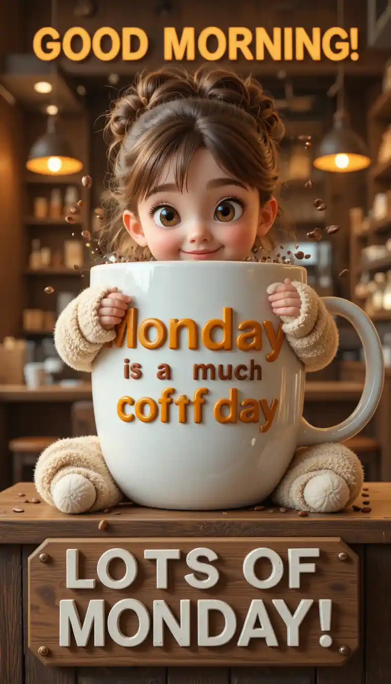 Little girl hugging a giant coffee mug in a cozy cafe