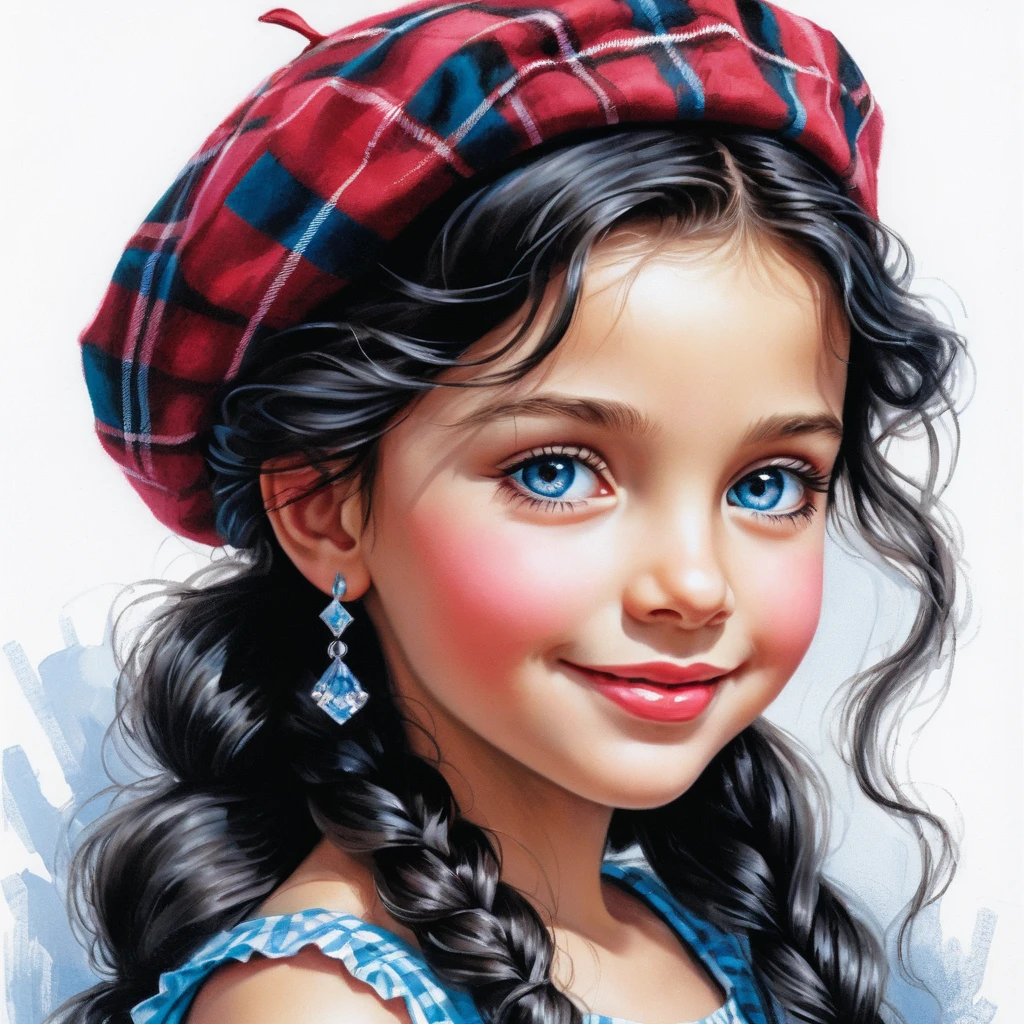 Chica sonriente de ojos azules con boina y vestido a cuadros