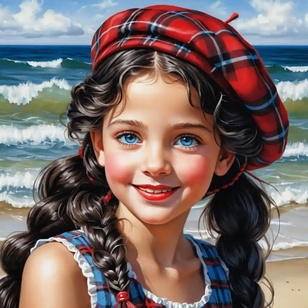 Smiling girl with blue eyes in plaid beret and dress