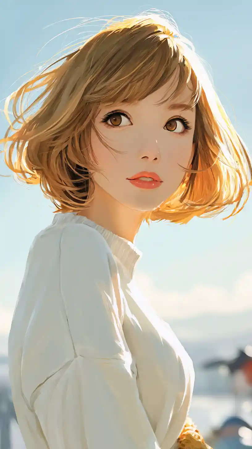 Anime girl standing outdoors under a clear morning sky