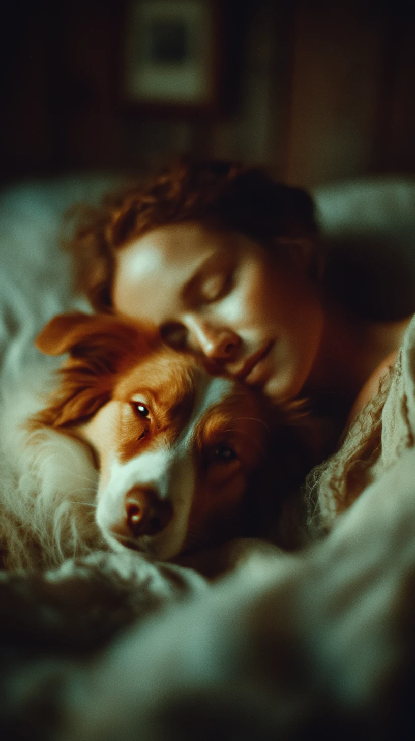 Woman comforting her sick dog on a blanket covered floor