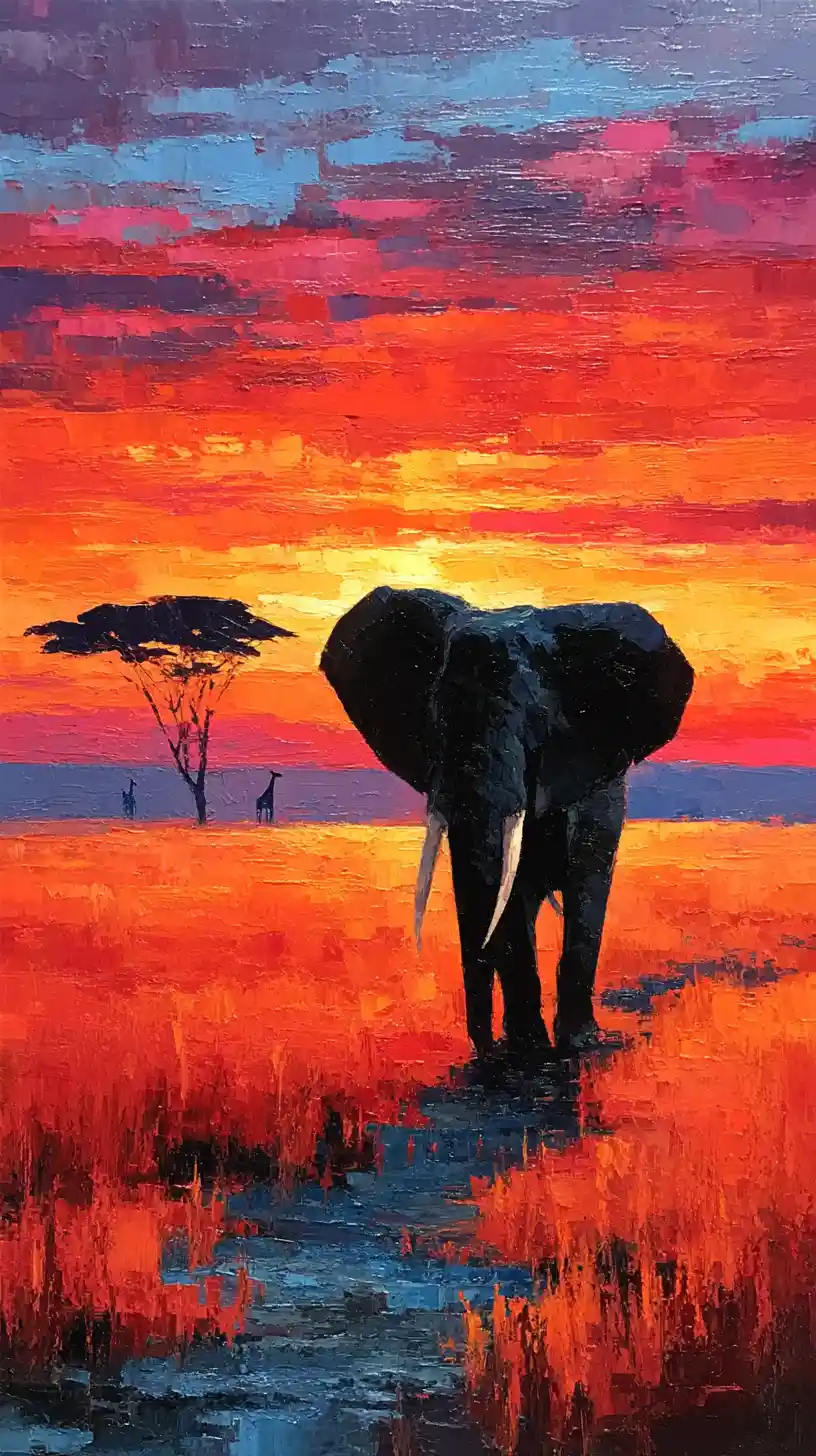 African elephant walking across savanna at vivid sunset