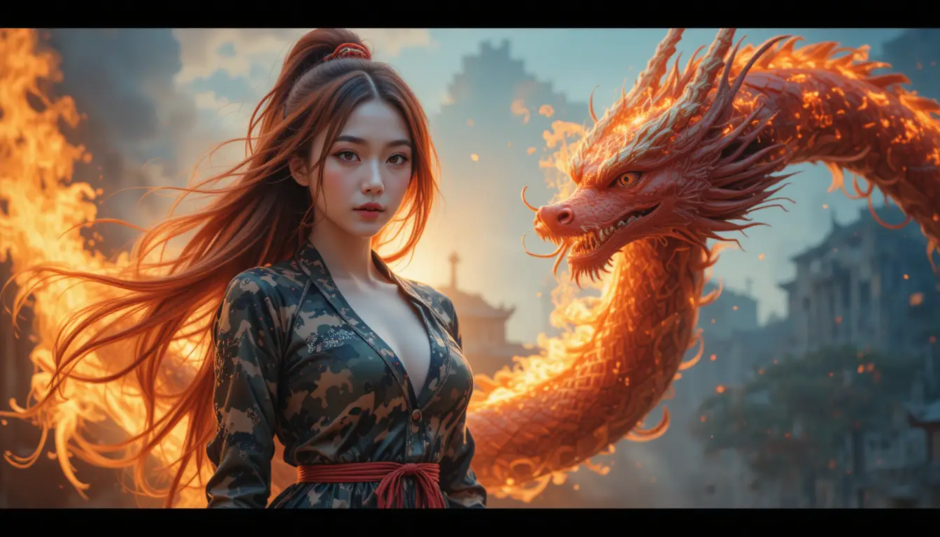 Asian warrior woman with red hair and fire dragon