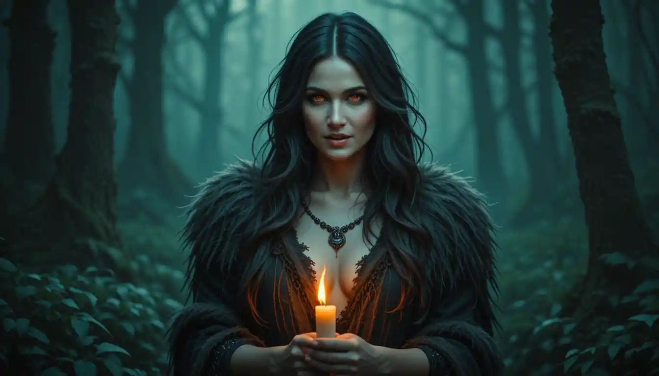 Bruised warrior woman with glowing eyes in dark forest
