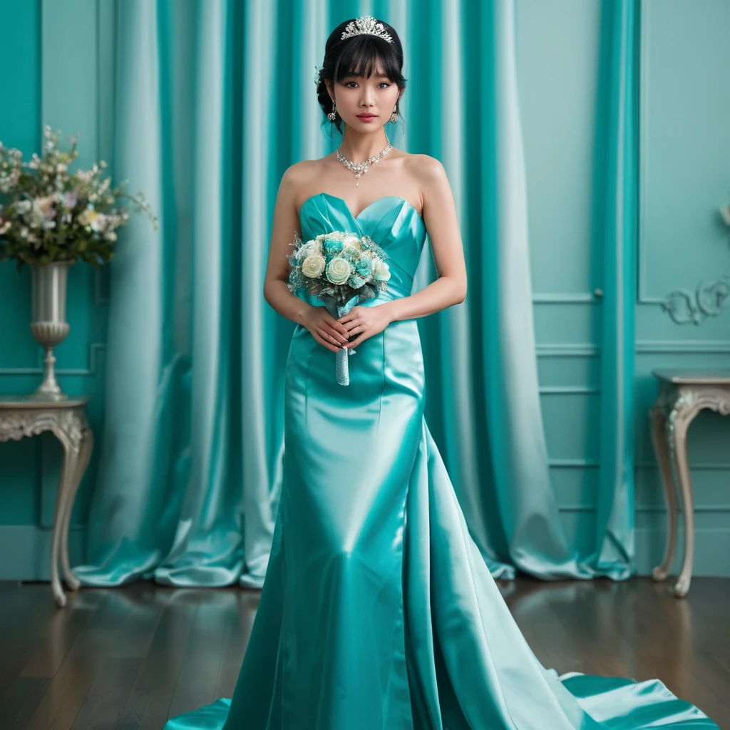 Elegant Japanese bride in glossy turquoise satin gown