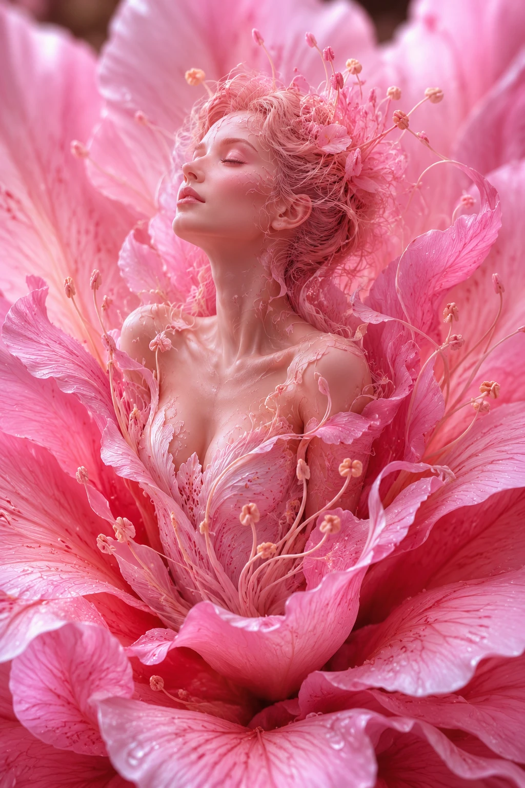 Mujer etérea emergiendo de una flor rosa en pleno florecimiento