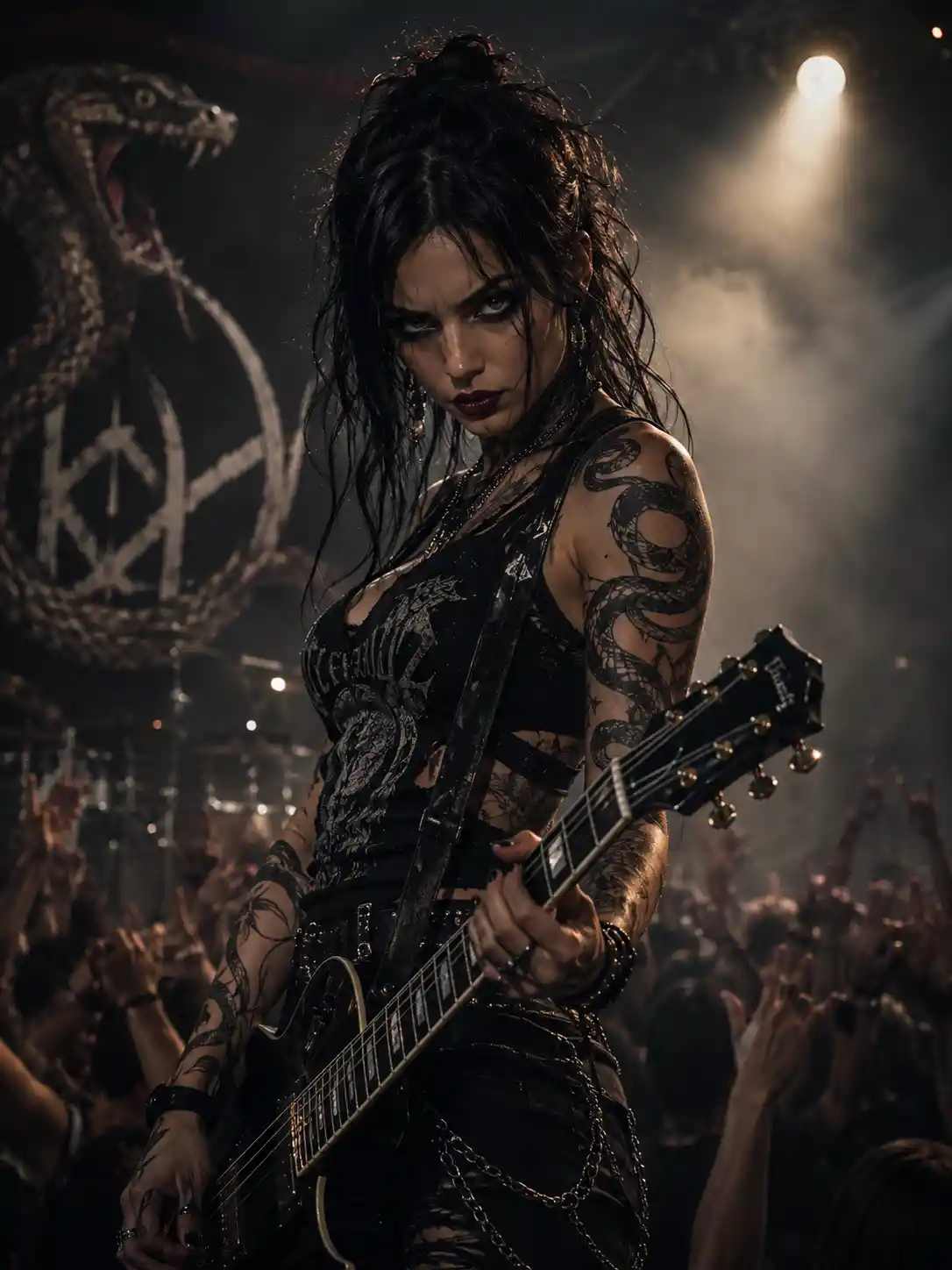 Brooding female rock musician under dramatic stage spotlights
