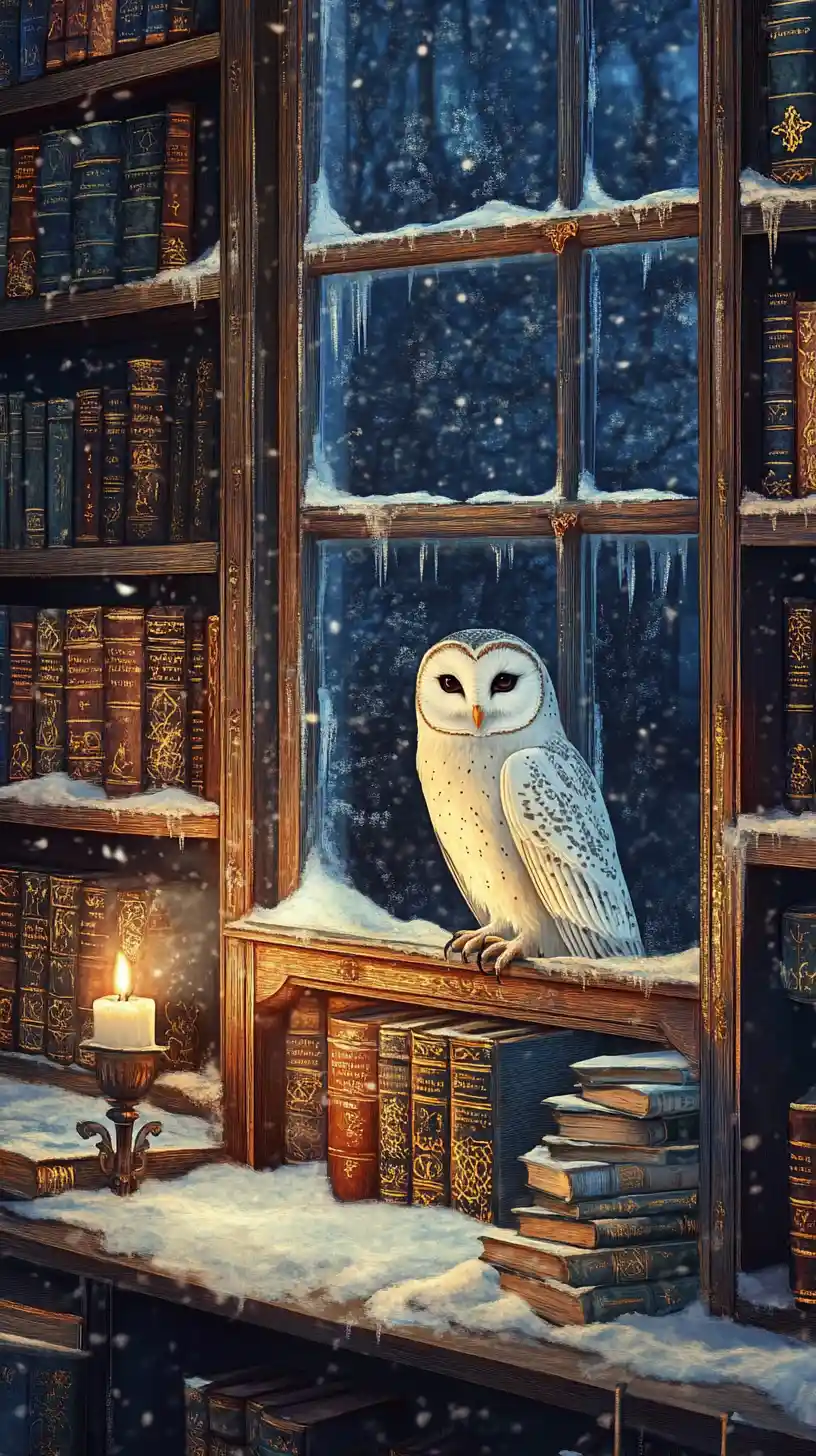 Cozy witch library with owl by a snowy window