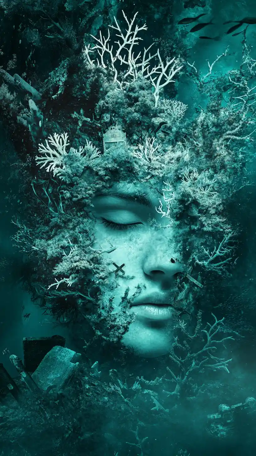 Surreal woman fused with coral in a drowned graveyard