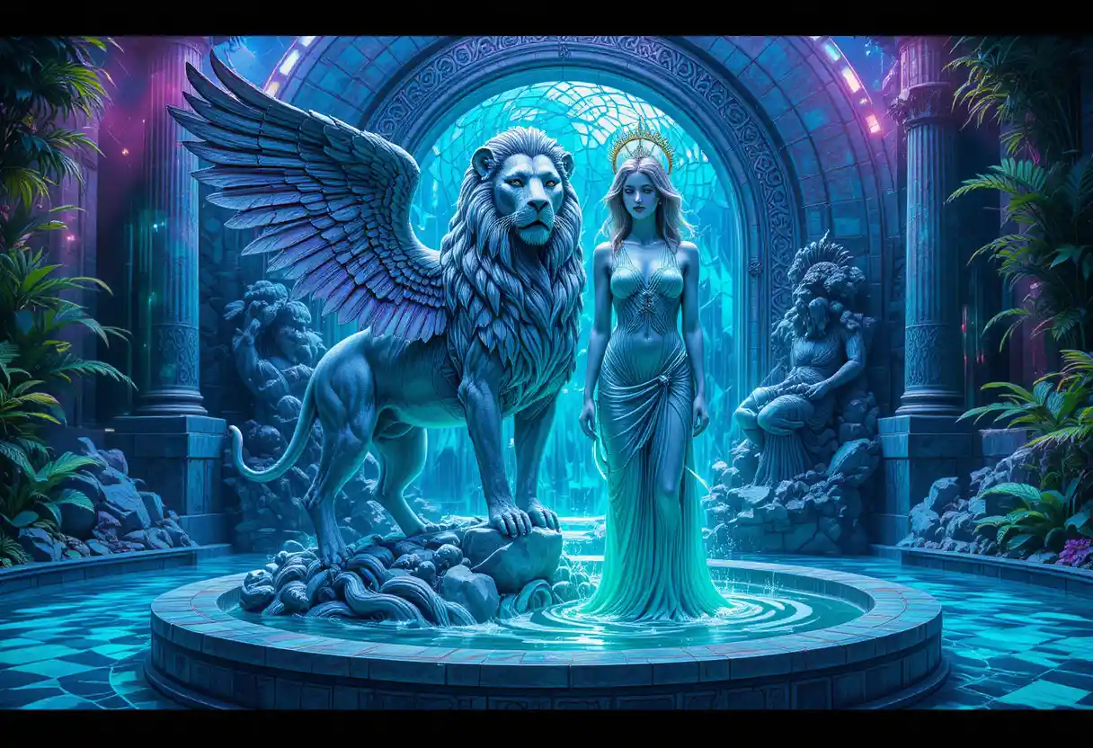 Winged lion and summer goddess beside shimmering mosaic fountain