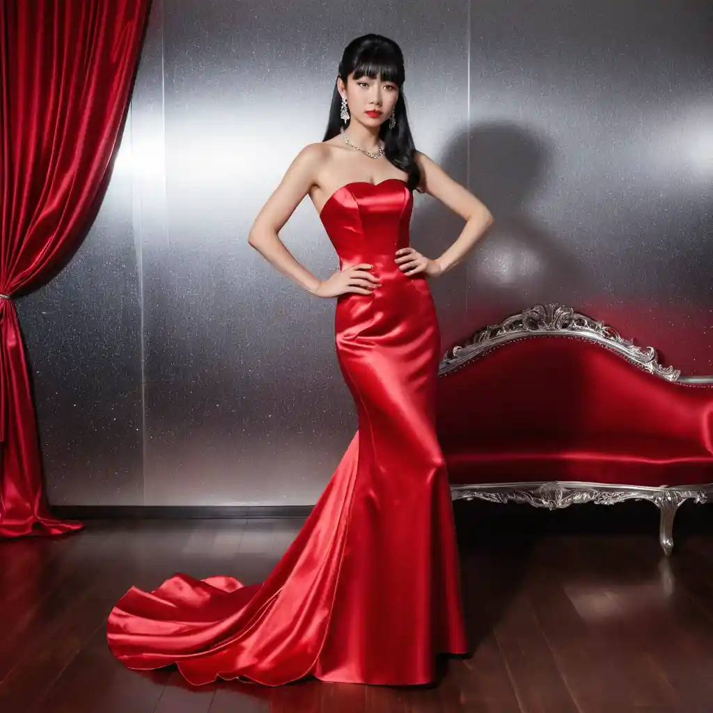 Elegant Japanese girl in scarlet satin strapless gown