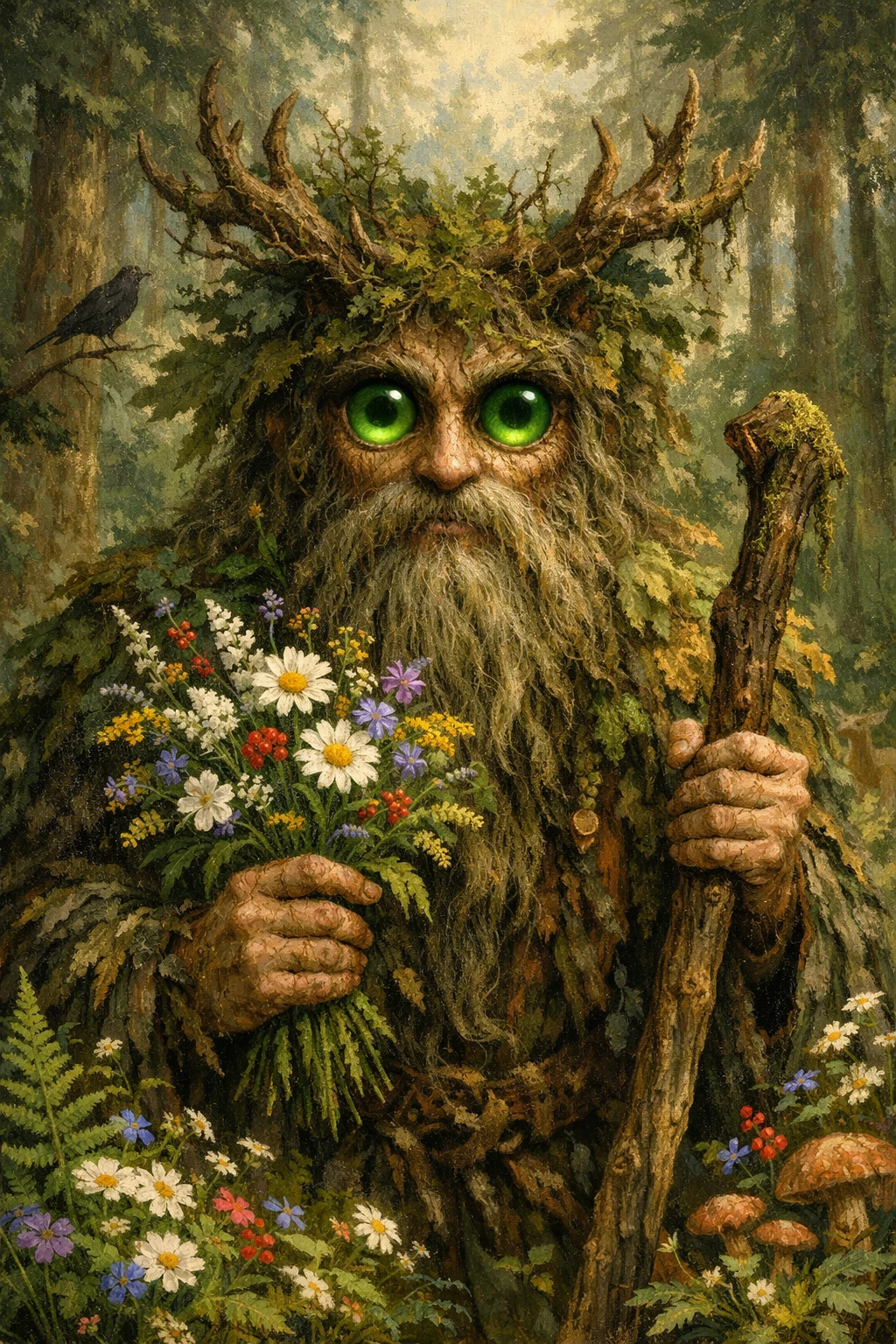 Forest spirit with green eyes holding flowers and staff