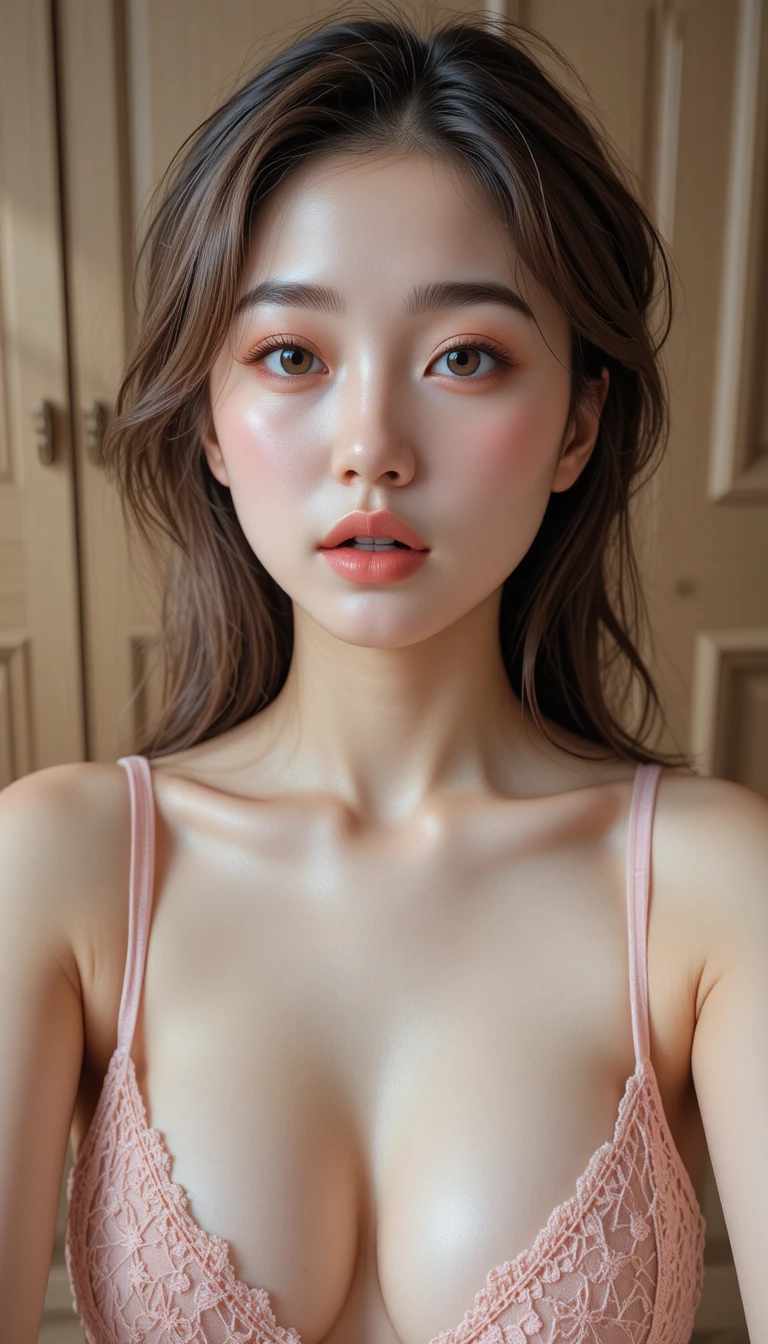 Selfie di giovane donna con luce soffusa in interni