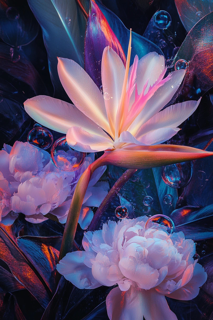 Glowing light bubbles around a large lilac flower