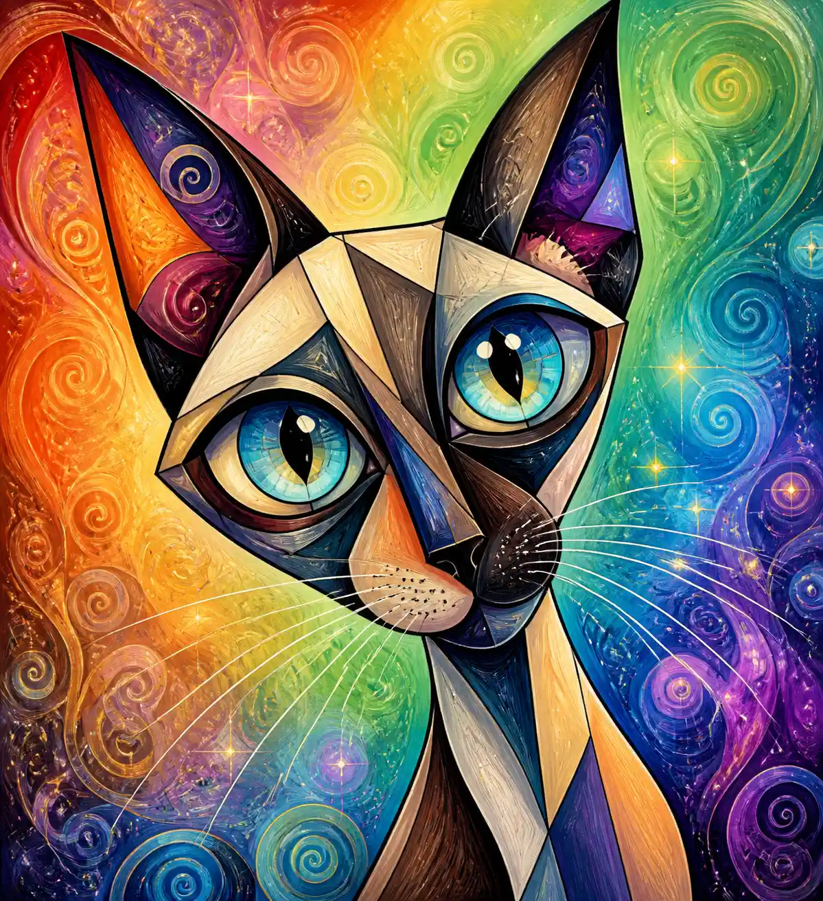 Cubist siamese cat close up on rainbow abstract background