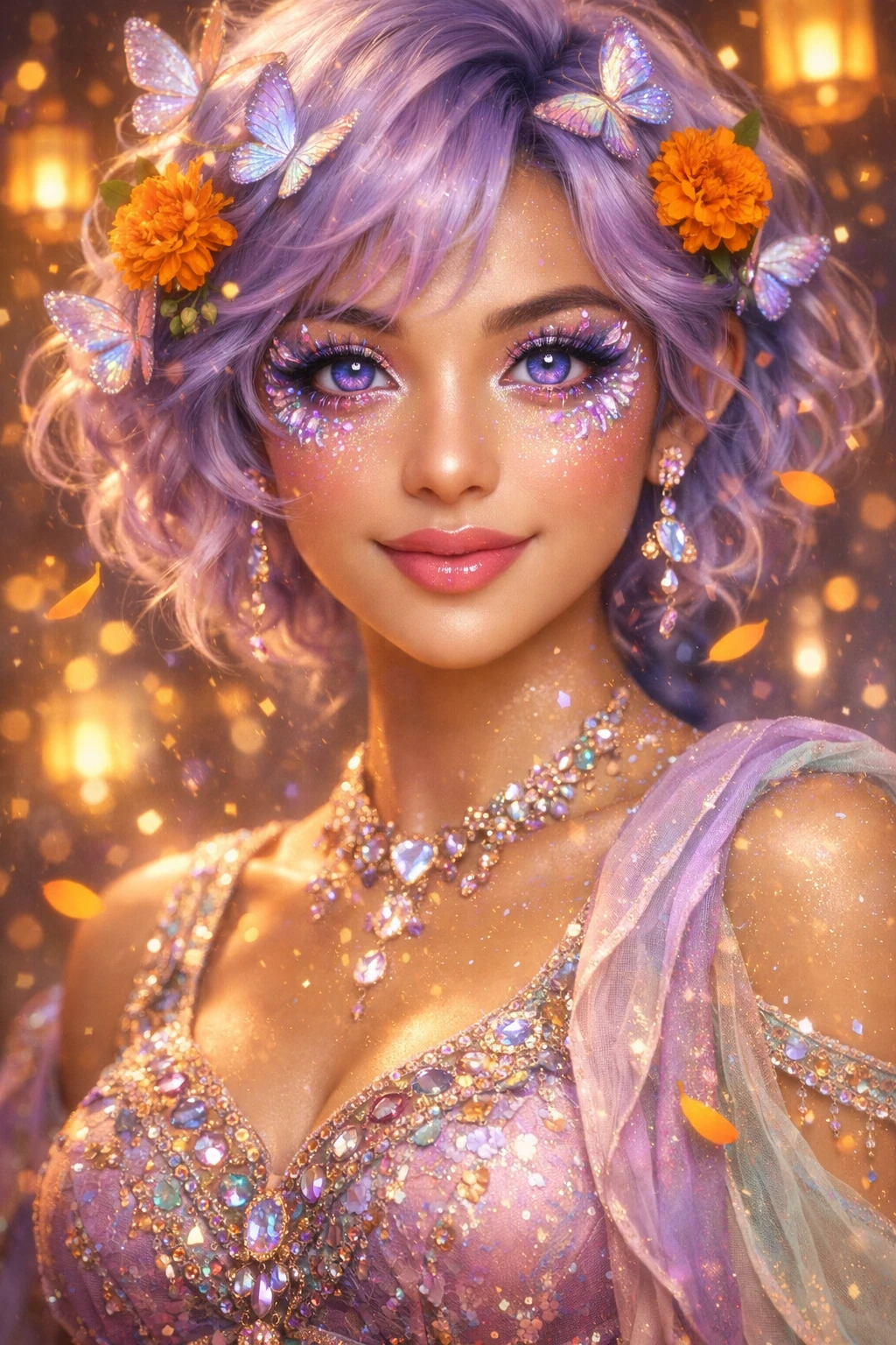 Whimsical close up of glowing woman with lavender hair