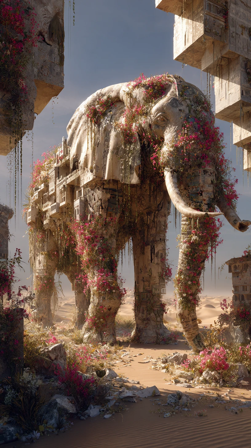 Ruinas surreales de un elefante de piedra bajo un cielo desértico fracturado
