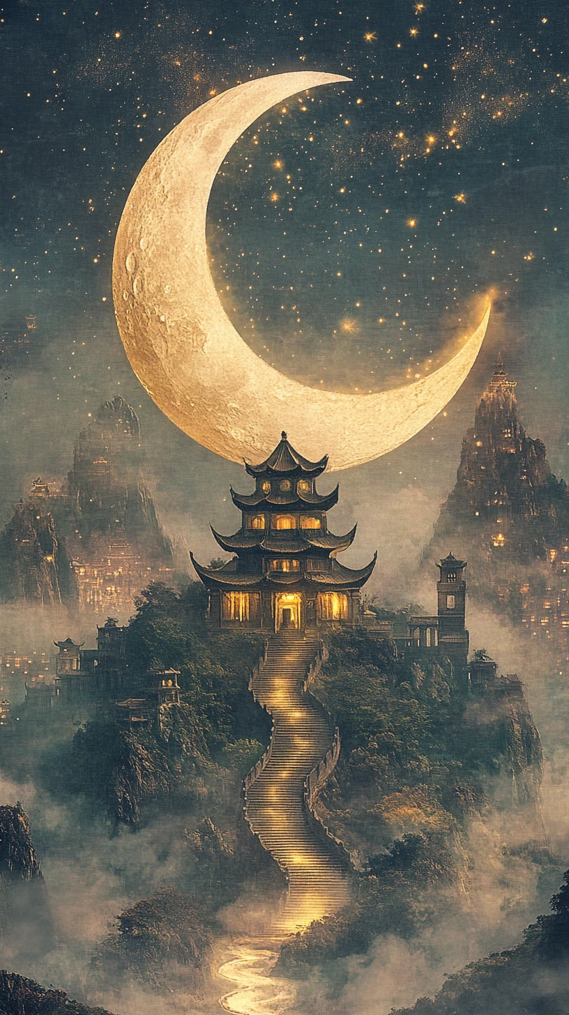 Luna creciente enmarcando un templo distante en la montaña