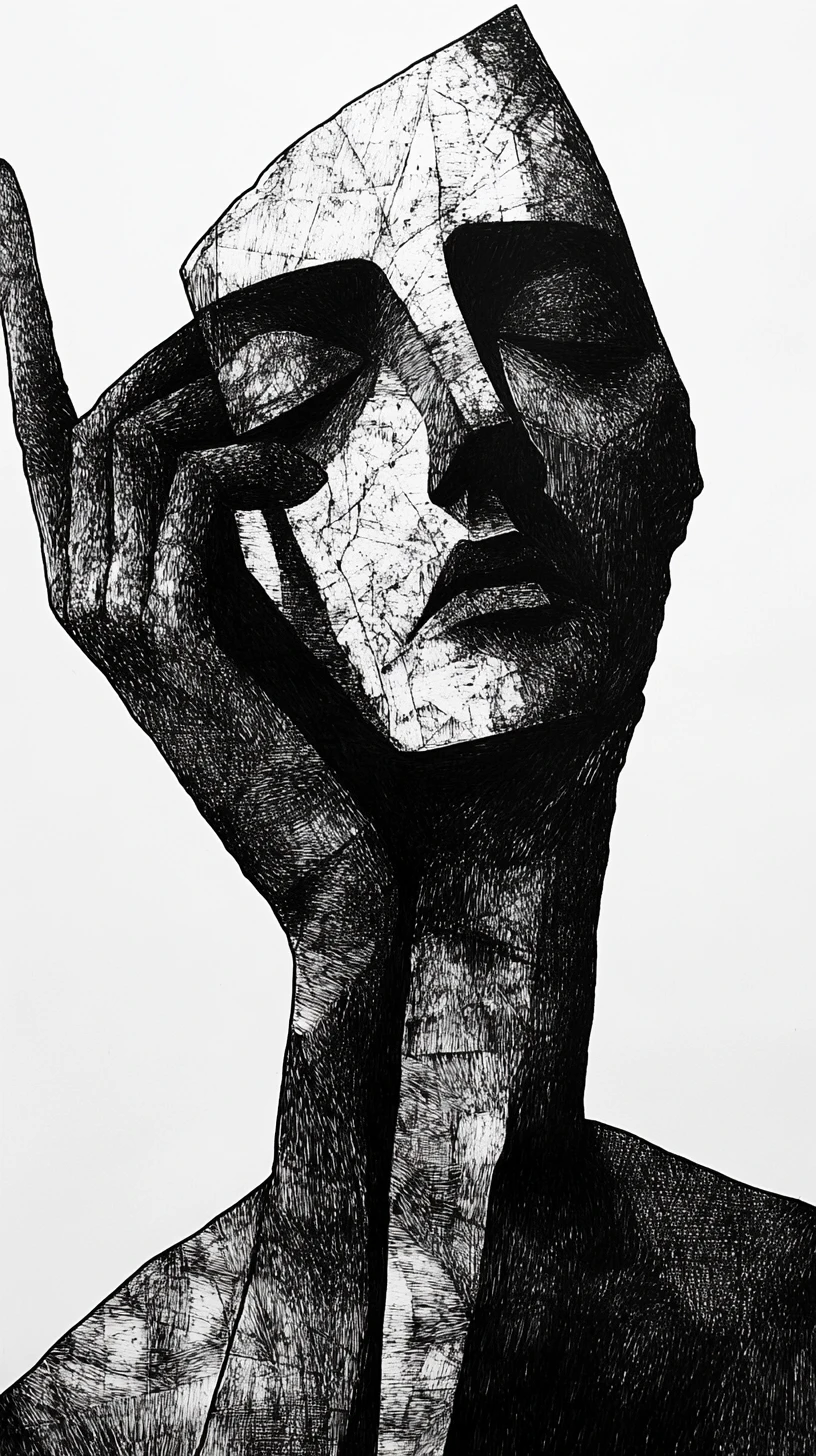 Gaunt male portrait in fragmented surreal ink drawing