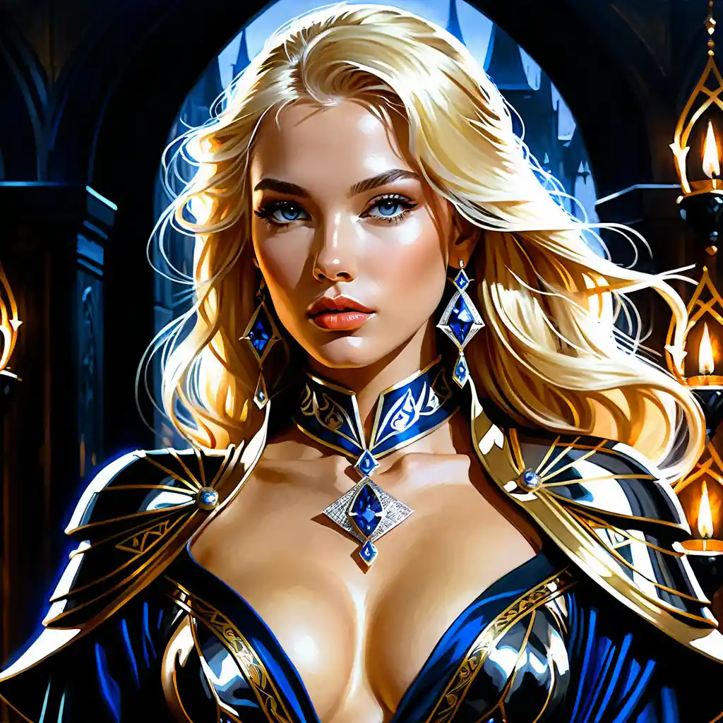 Blonde sorceress portrait in elegant fantasy illustration style