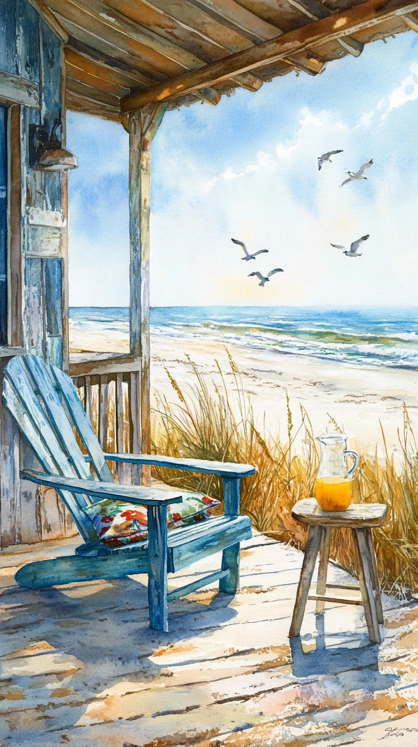 Veranda eines Strandhauses mit Blick auf sonnenbeschienene Sandküste