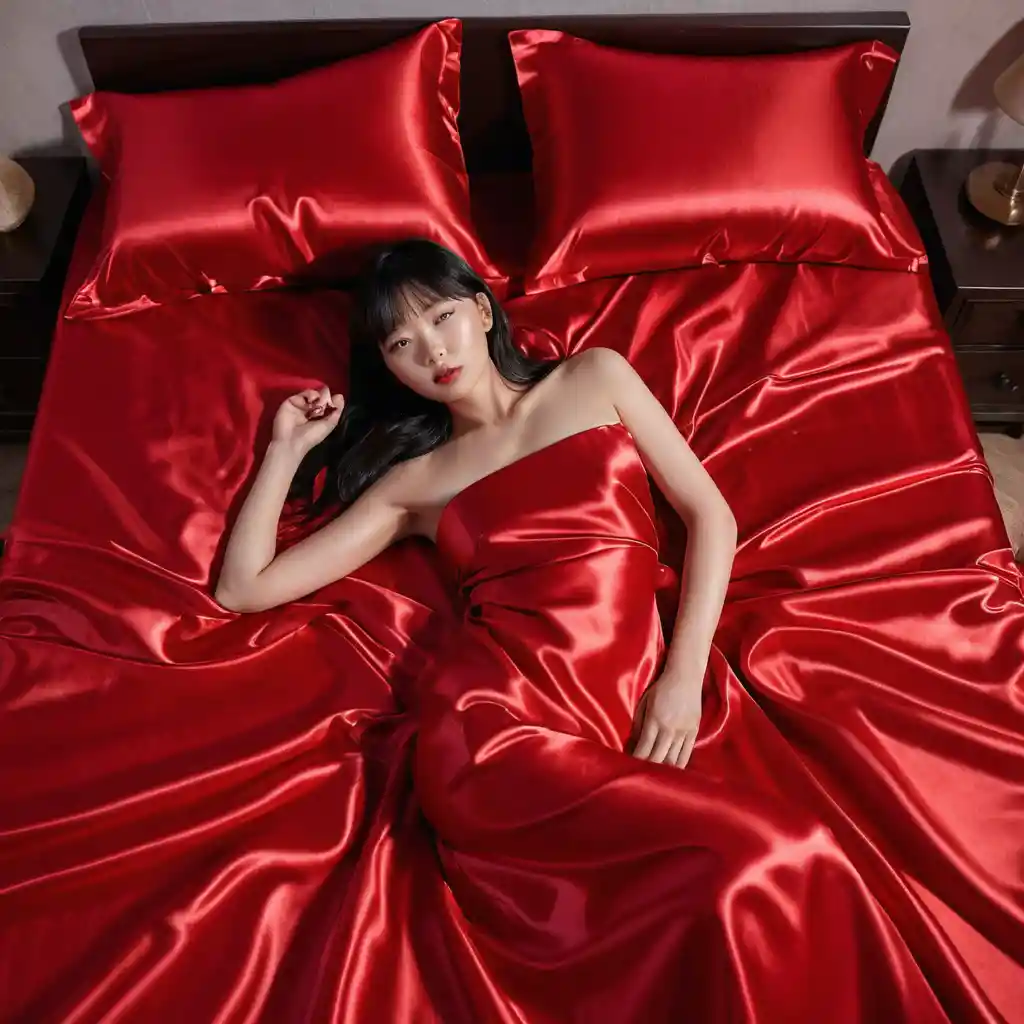Korean woman lying on red satin bed looking at viewer