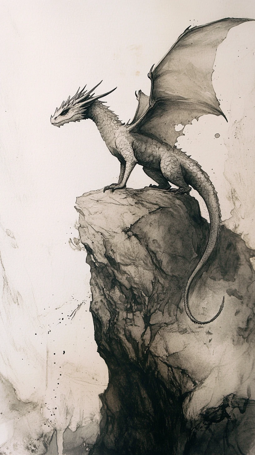Elegant dragon resting on a rocky ink washed cliff
