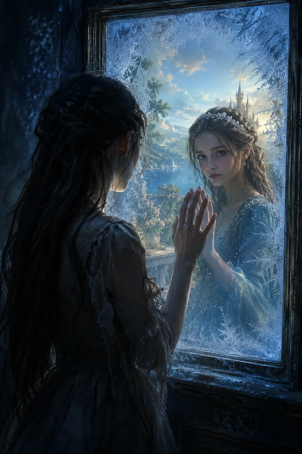 Pale girl touching a frosted window of glass